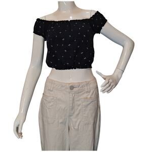 Brandy Melville Black Off Shoulder Crop Top Palm Print